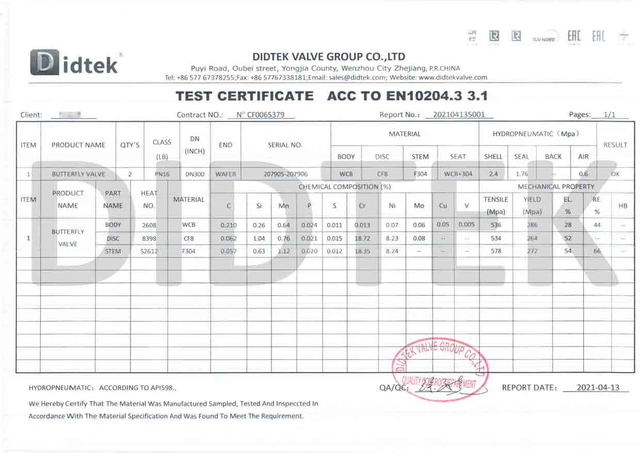 ใบรับรองการทดสอบ Lockfly Valve ACC ถึง EN10204.3 3