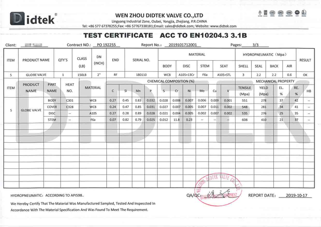 ใบรับรองการทดสอบ Globe Valve ACC ถึง EN10204.3 3