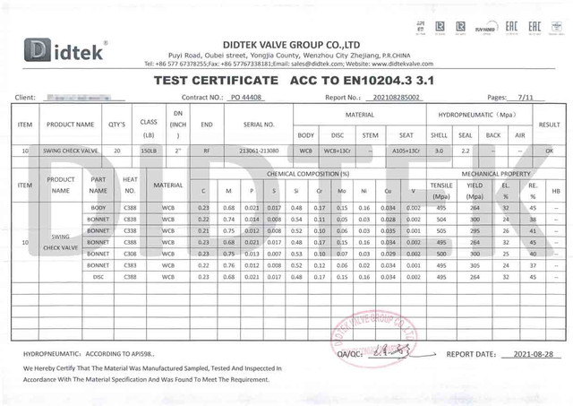 ตรวจสอบใบรับรองการทดสอบวาล์ว ACC ถึง EN10204.3 3